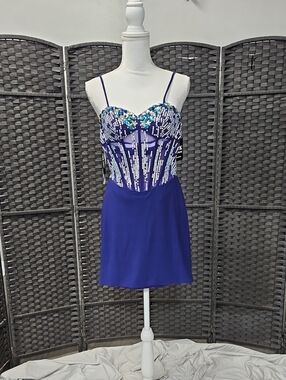 Size 0 royal purple blue mini dress w/ corset style bodice & fitted jersey skirt